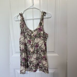 Floral Tie-Shoulder Tank Top - Cream with Purple & Green Floral